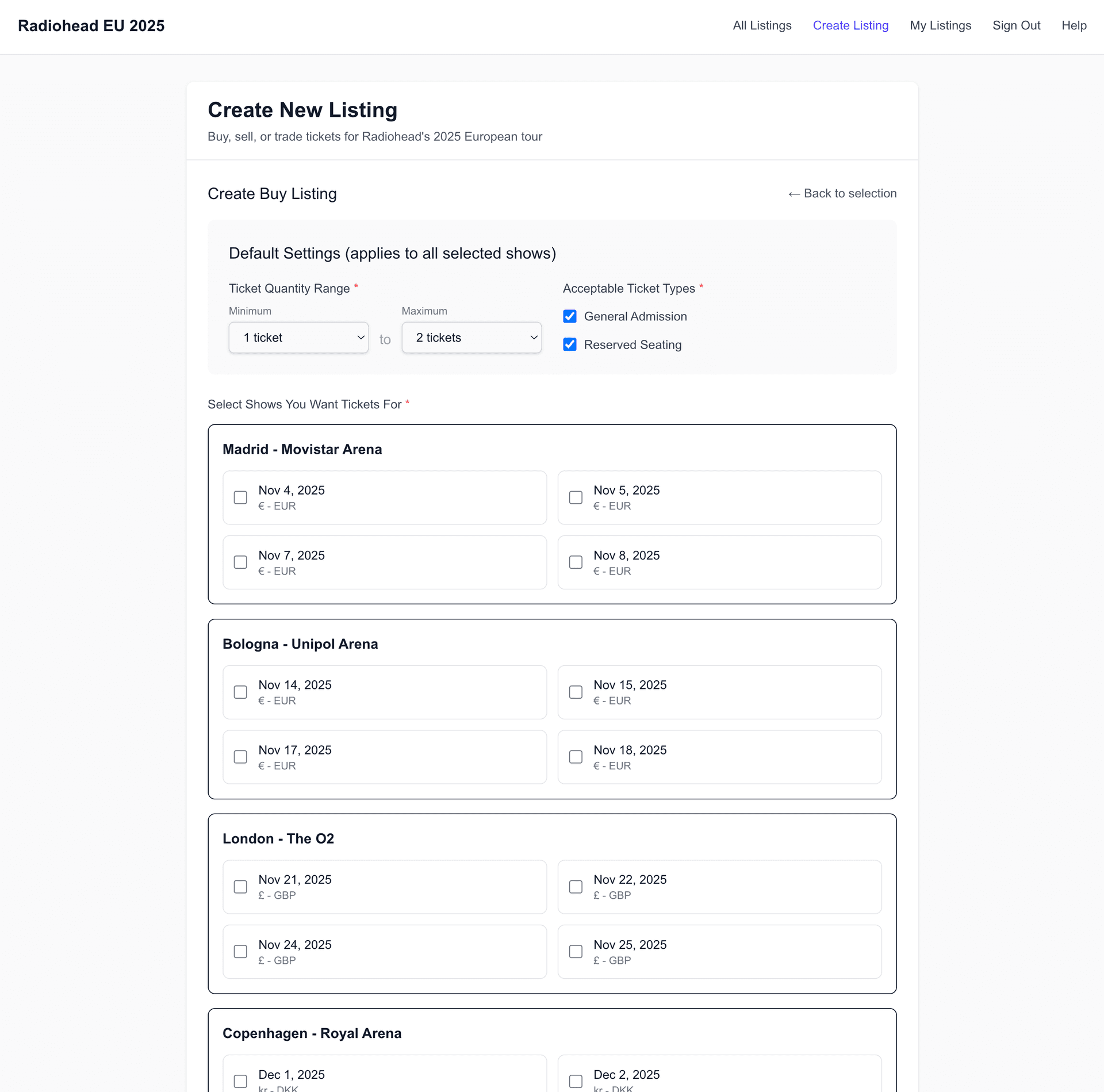 Buy listing creation form