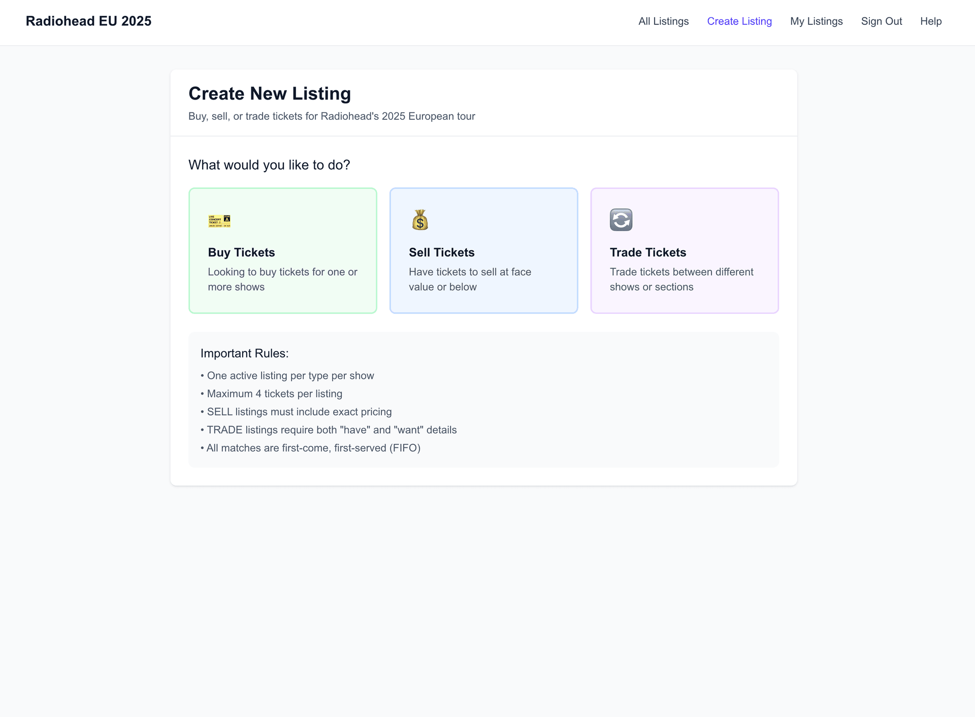 Create listing type selection page