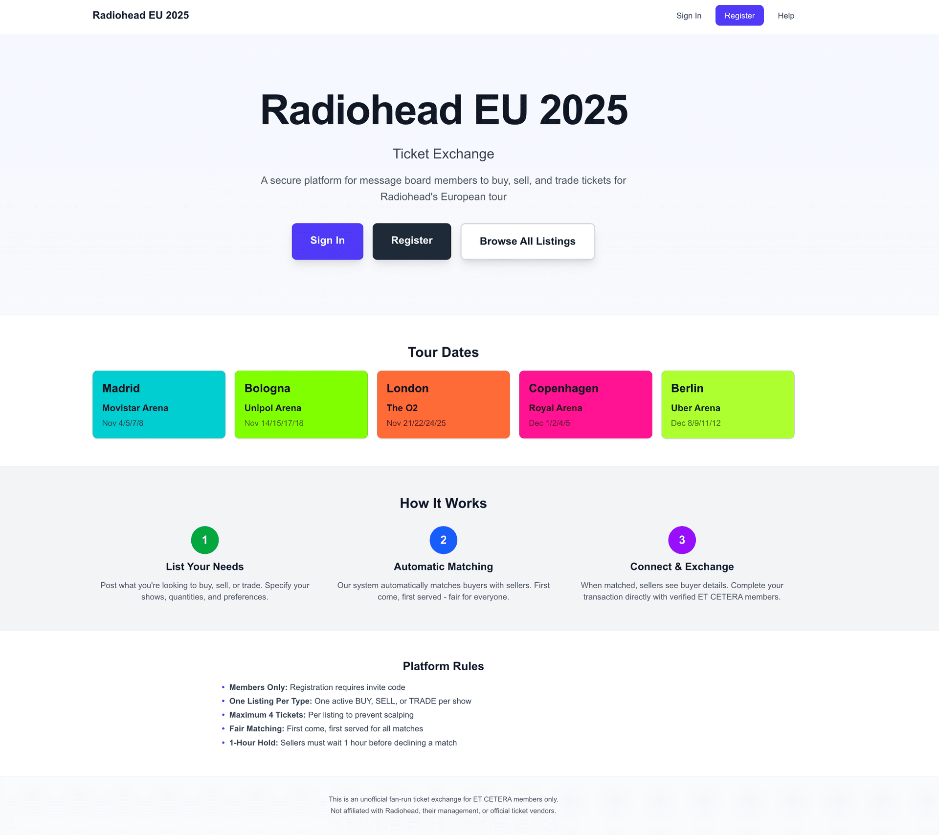 Radiohead EU 2025 Ticket Exchange homepage