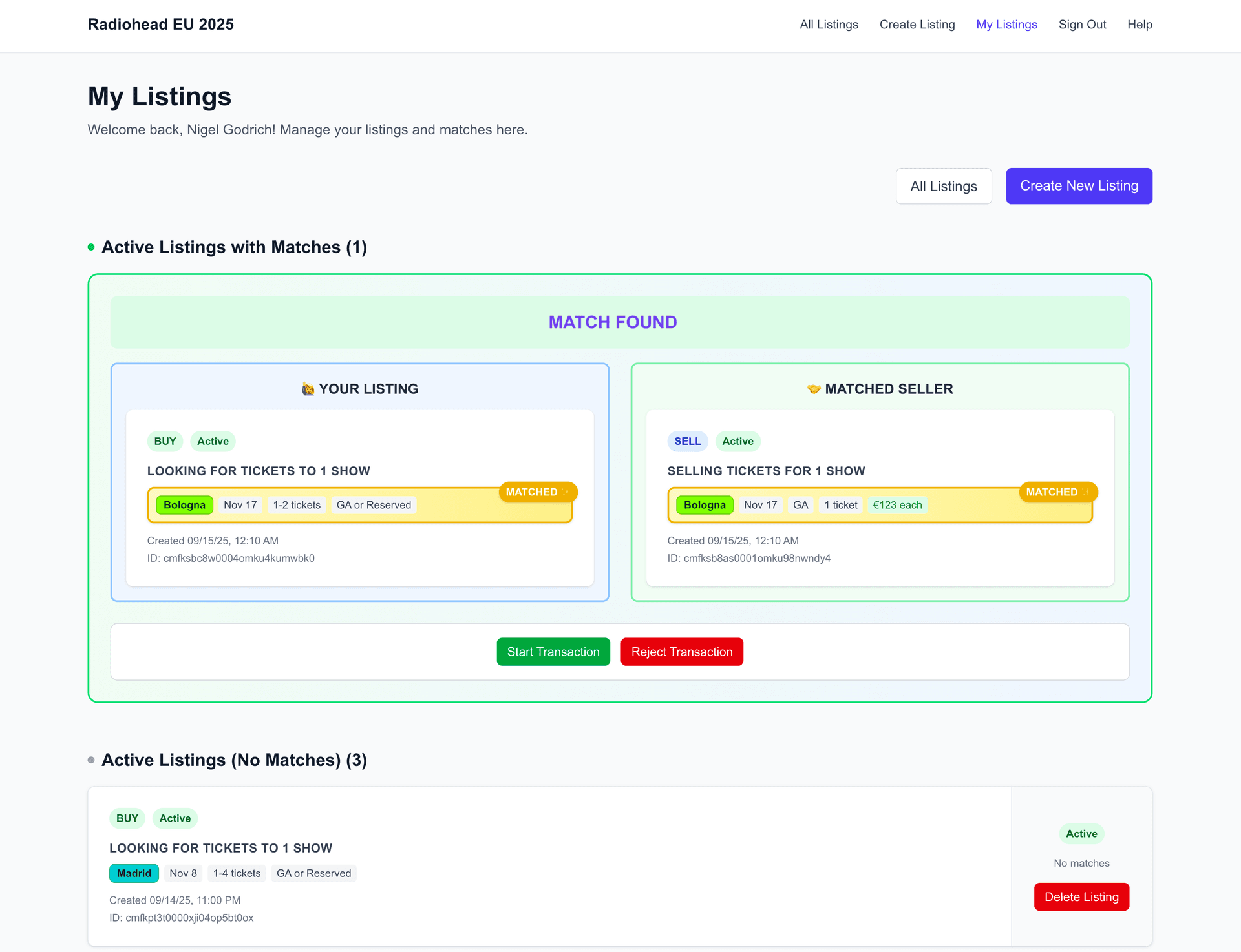 My Listings page showing active matches
