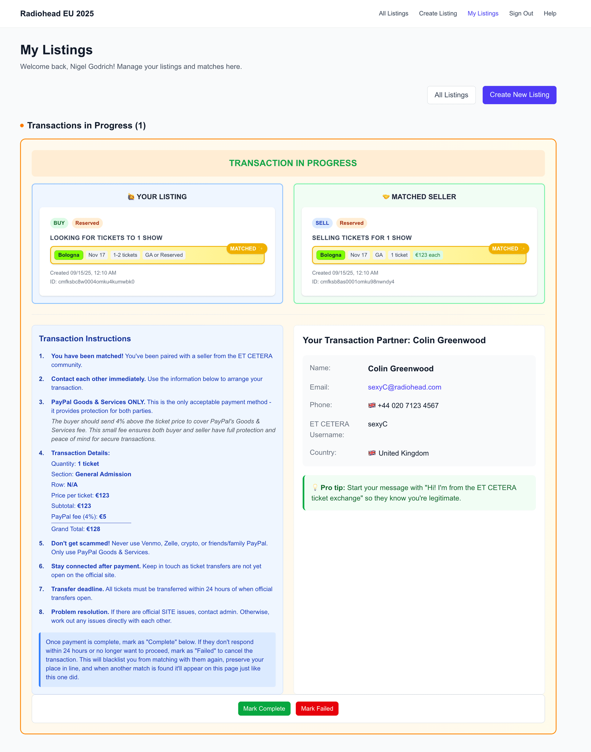 Transaction in progress with detailed instructions